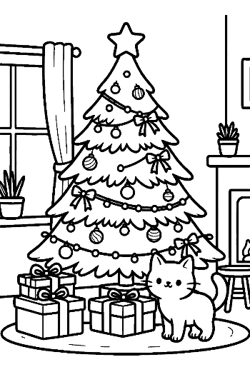 Adorable Puppies Resting by the Christmas Tree with Gifts Pet Holiday Coloring Sheet Printable