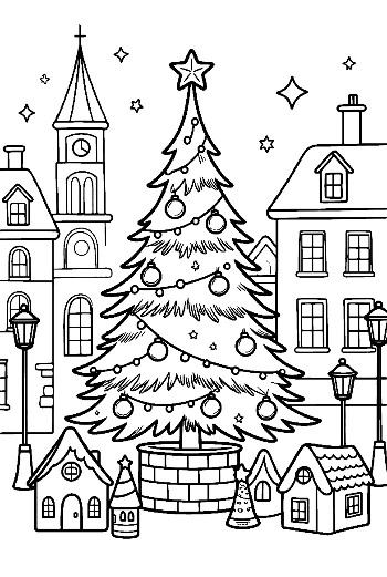 Beautiful Christmas Tree in a Snowy Village Square Holiday Landscape Coloring Page Printable