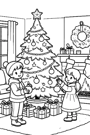 Brother and Sister Decorating the Christmas Tree Joyful Holiday Coloring Page Printable