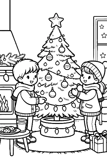 Children Admiring a Fully Decorated Christmas Tree Holiday Magic Coloring Page Printable