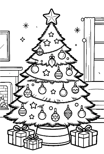 Christmas Tree with a Mountain of Gifts in a Cozy Room Holiday Gift Coloring Printable
