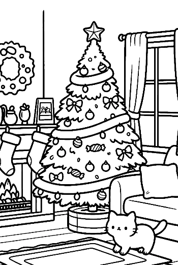 Cute Puppy Watching the Lights on a Christmas Tree Holiday Pet Coloring Sheet Printable