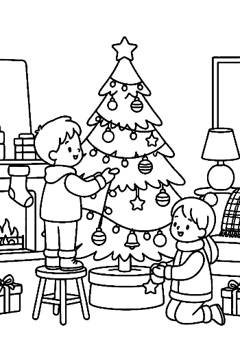 Family Putting the Star on Top of the Christmas Tree Holiday Tradition Coloring Printable