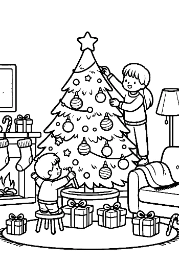 Family Teamwork Decorating a Large Christmas Tree Festive Indoor Coloring Page Printable