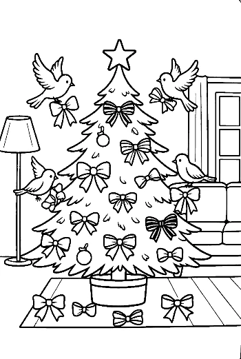 Festive Christmas Tree in a Living Room with Bird Decorations Nature Holiday Coloring Printable