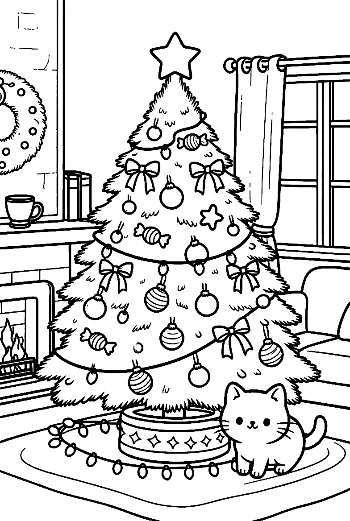 Kittens Exploring the Ornaments on a Christmas Tree Playful Holiday Coloring Page Printable