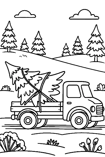 Vintage Truck Carrying a Christmas Tree Through the Snow Winter Travel Coloring Printable