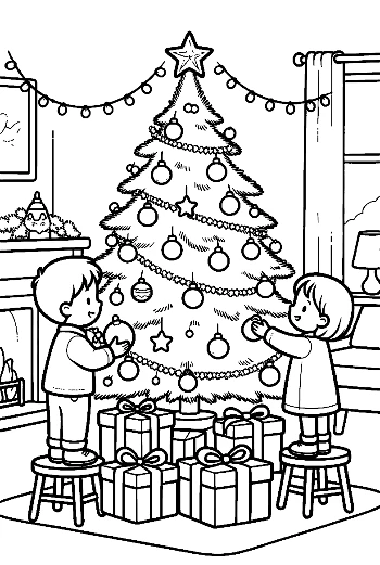 Young Kids Putting Gifts Under the Christmas Tree Christmas Morning Coloring Sheet Printable