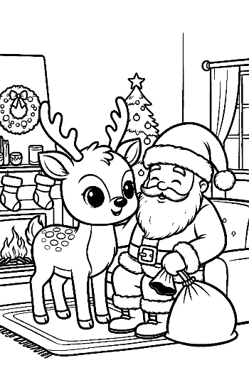 Adorable Baby Reindeer with Santa Claus and His Gift Bag Winter Coloring Sheet Printable