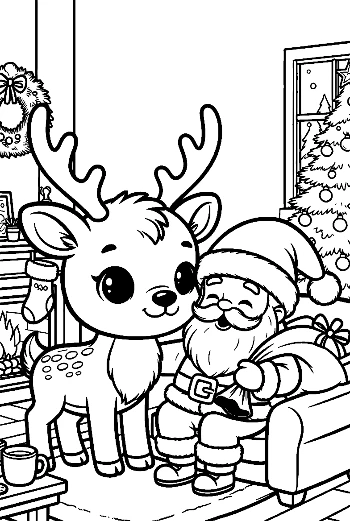 Adorable Reindeer Calf Sitting with Santa by the Fire Holiday Story Coloring Printable