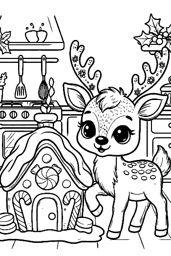 Baby Reindeer in a Cozy Kitchen During the Holidays Winter Coloring Activity Printable
