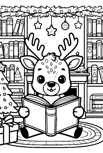 Baby Reindeer Reading a Festive Book by the Fireplace Cozy Winter Coloring Printable