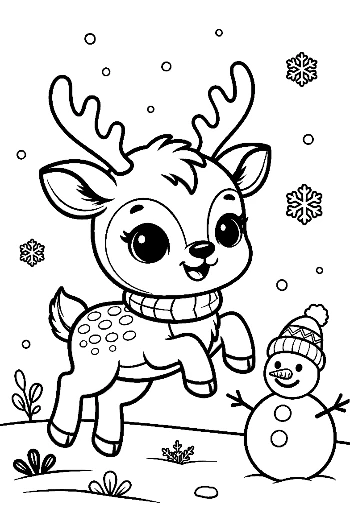 Baby Reindeer Sitting in the Snow During a Winter Storm - Cute Coloring Page Printable