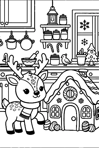 Cute Baby Reindeer Standing by a Gingerbread House Christmas Kitchen Coloring Page Printable