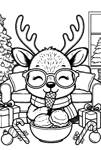 Cute Reindeer Enjoying a Sundae in a Cozy Room Holiday Dessert Coloring Sheet Printable