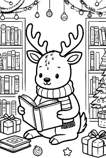 Cute Reindeer Sitting in a Library Reading a Big Book Cozy Coloring Sheet Printable