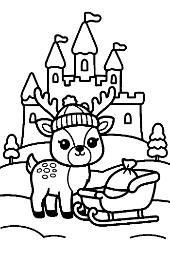 Cute Reindeer Wearing a Winter Cap by an Ice Fortress Holiday Coloring Page Printable