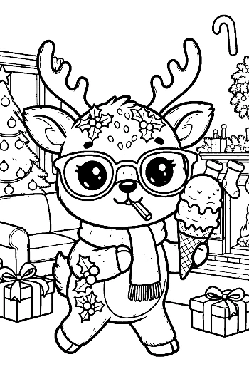 Happy Reindeer Calf Eating a Delicious Ice Cream Cone Winter Treat Coloring Printable