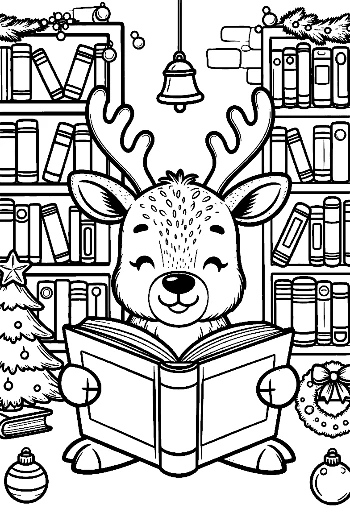 ลูกกวางเรนเดียร์ตัวน้อยเพลิดเพลินกับหนังสือนิทานข้างชั้นหนังสือ ภาพระบายสีวันหยุด