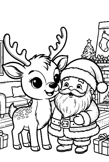 Little Reindeer Calf Hugging Santa Claus Heartwarming Christmas Coloring Page Printable