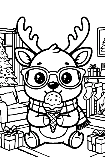Little Reindeer Wearing Glasses and Eating Ice Cream with Smart Cat Coloring Page Printable