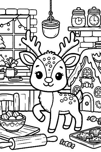 Reindeer Calf Helping with Holiday Baking in the Kitchen Cute Coloring Page Printable