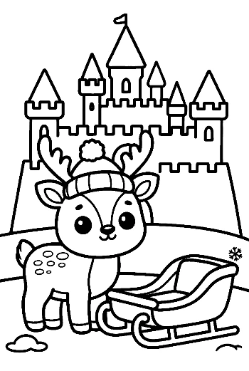 Reindeer Calf Standing Near a Winter Ice Castle and Sleigh Fantasy Coloring Printable