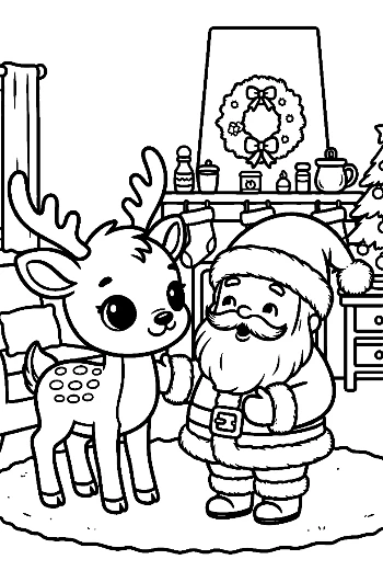 Reindeer Calf Standing Next to Santa with His Toy Sack Christmas Eve Coloring Printable