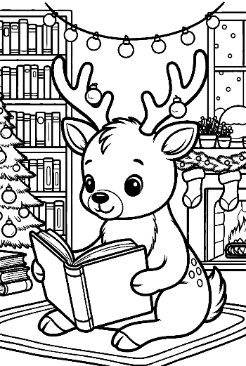 Reindeer Sitting on the Floor Reading a Christmas Story Winter Coloring Page Printable