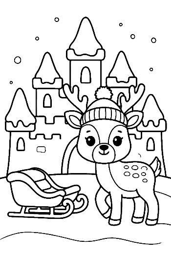 Reindeer Standing by a Snowy Palace with a Holiday Sleigh Festive Coloring Printable