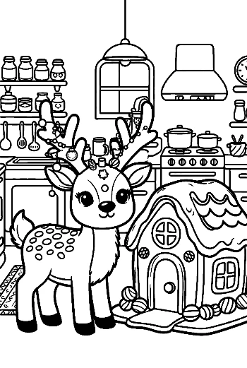 Small Reindeer Standing Next to a Sweet Gingerbread Cottage Holiday Coloring Printable