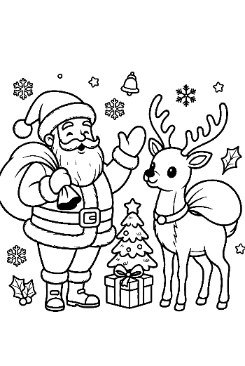 Happy Santa Claus Pointing at a Reindeer in a Winter Landscape Festive Coloring Sheet Printable