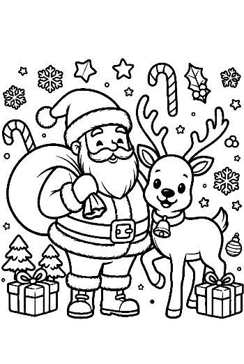 Santa Claus and His Reindeer Friend with a Sack of Toys Holiday Coloring Sheet Printable
