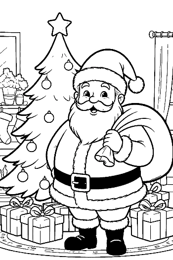 Santa Claus Carrying a Heavy Sack of Toys by the Christmas Tree Festive Coloring Printable
