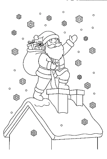 Santa Claus Climbing Down a Chimney on a Snowy Roof Christmas Night Coloring Printable