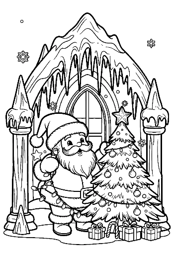 Santa Claus Decorating a Tall Pine Tree in a Snowy Forest Nature Holiday Coloring Printable