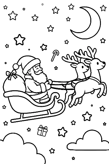 Santa Claus Flying in a Sleigh Over a Winter Village Holiday Scene Coloring Sheet Printable