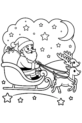 Santa Claus Riding a Sleigh Pulled by Reindeer Through the Clouds Holiday Coloring Printable