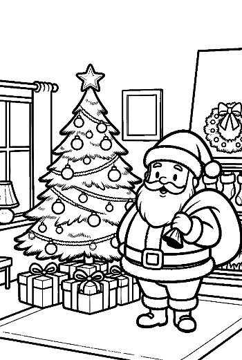 Santa Claus Standing by a Festive Tree in a Cozy Home Setting Winter Coloring Printable
