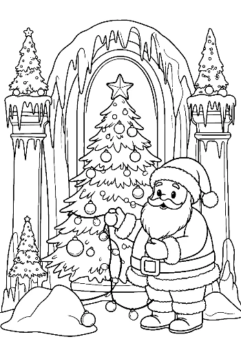 Santa Claus Standing in Front of a Giant Christmas Tree in a Winter Park Outdoor Coloring Printable