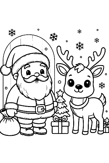 Santa Claus Standing with a Cute Reindeer and a Christmas Tree Holiday Coloring Page Printable