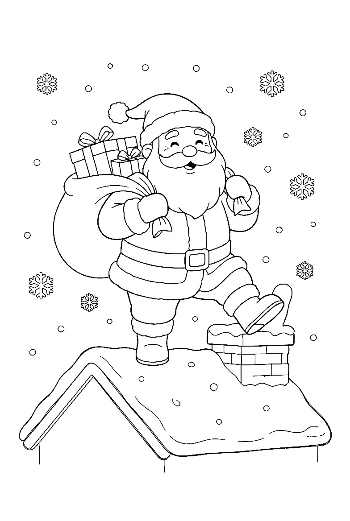 Santa Claus with His Toy Bag Entering a Chimney on a Snowy House Winter Coloring Printable