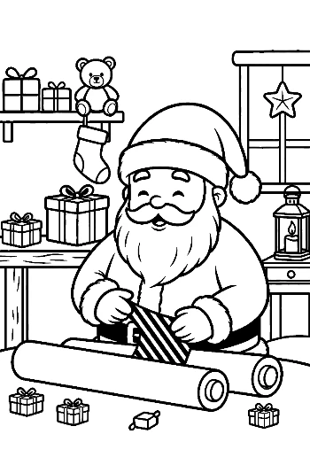 Santa Claus Wrapping a Gift in His Cozy Holiday Workshop Winter Coloring Page Printable