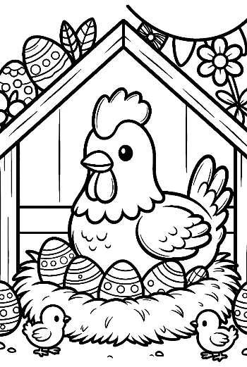Chicken Sitting on a Bed of Decorated Easter Eggs Printable