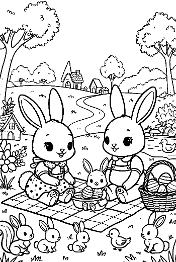 Cute Bunny Couple Enjoying Outdoor Easter Meal Printable