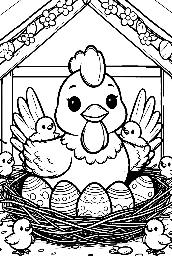 Mother Hen Guarding Her Nest of Easter Eggs Printable