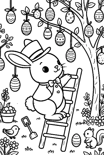 Playful Bunny Dressing an Easter Egg Tree in the Garden Printable