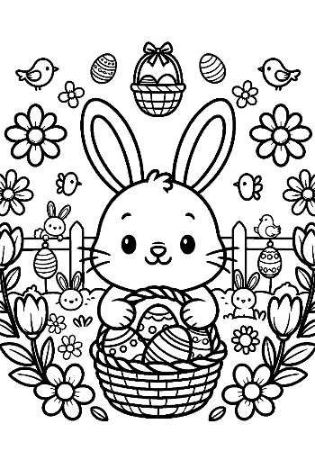 Sweet Bunny Sitting in Flower Garden with Eggs Printable