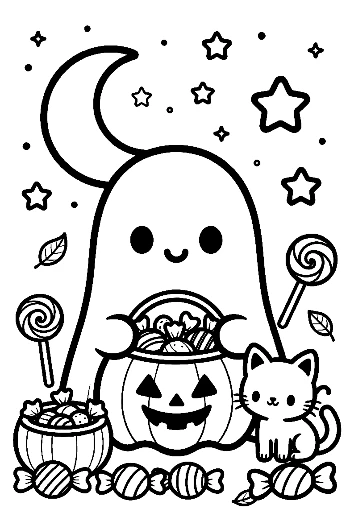 Adorable Ghost Sitting with a Jack-o'-Lantern and Candy Spooky Coloring Sheet Printable