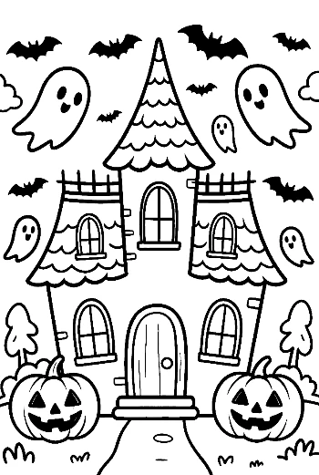 Detailed Haunted House with Ghosts and a Moonlit Sky Gothic Coloring Sheet Printable